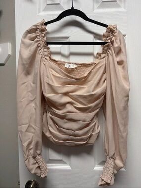 Astr Blush Ruched Square-Neck Puff Sleeve Blouse